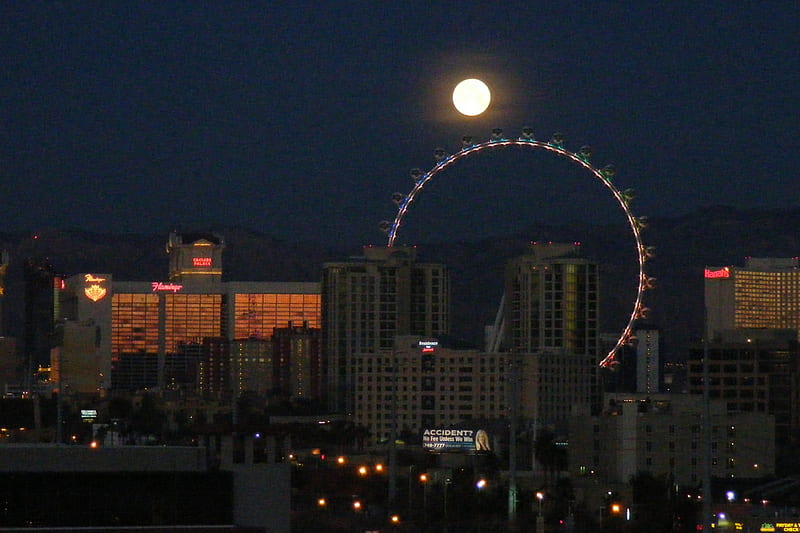 __Las Vegas Strip Full Moon Over Highroller_Feb_4_2015__, Full Moon, Highroller, Las Vegas Strip, Wheel, HD wallpaper