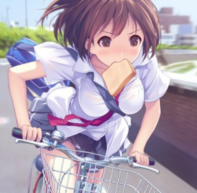 I'm Late ... Have to Hurry, pretty, bread, bicycle, cycling, eat, student, sweet, nice, anime, anime girl, scenery, female, lovely, brown hair, short hair, school unifor, girl, uniform, scene, eating, HD wallpaper