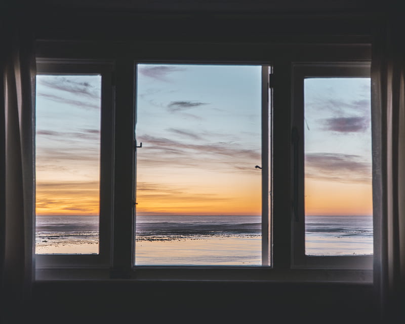 white wooden framed glass window near body of water, HD wallpaper