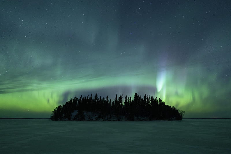 Waskesiu Lake, Prince Albert National Park, Saskatchewan, Canada, borealis, stars, Aurora, water, island, lights, HD wallpaper