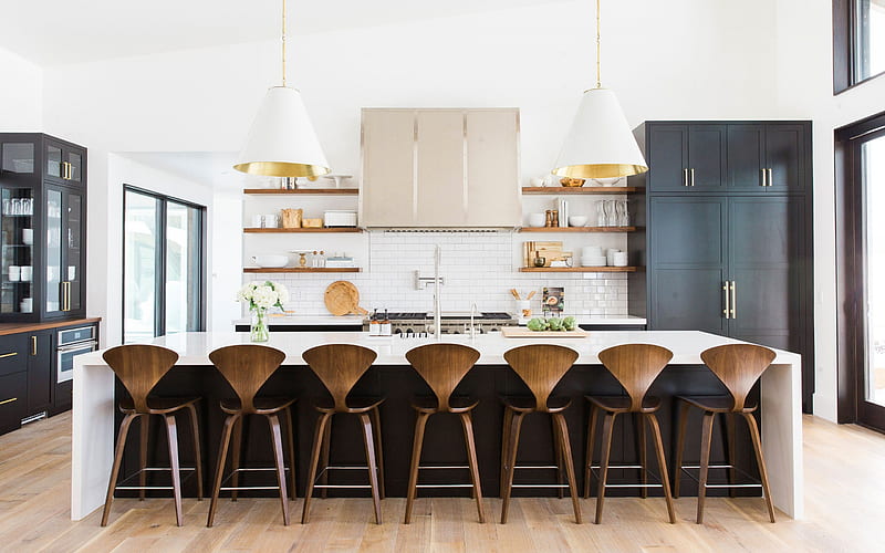 kitchen interior, modern design, kitchen studio, modern bright interior, HD wallpaper