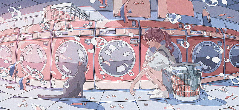 Anime, Original, Cat, Fish, Girl, HD wallpaper