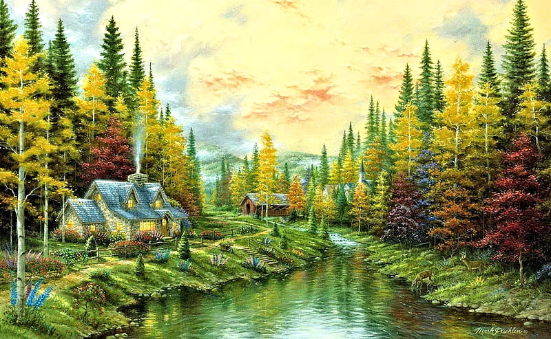 Lovely Painting, pretty, Tree, Painting, River, HD wallpaper | Peakpx