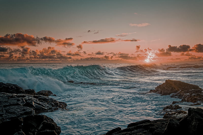 sea, waves, rocks, coast, sunset, HD wallpaper
