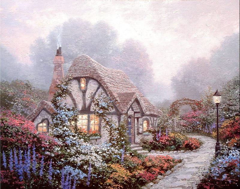 Chandlers Cottage, lamplight, art, pathway, cottage, painting, flowers, thomas kinkade, HD wallpaper