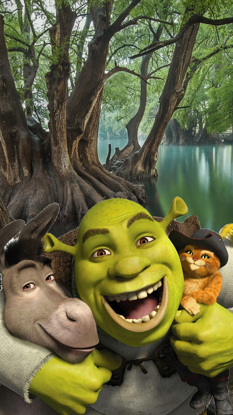 Shreck, donkey, puss in boots, swamp, HD phone wallpaper