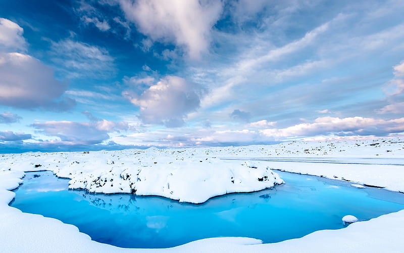 Iceland, snowdrifts, winter, blue river, Europe, HD wallpaper