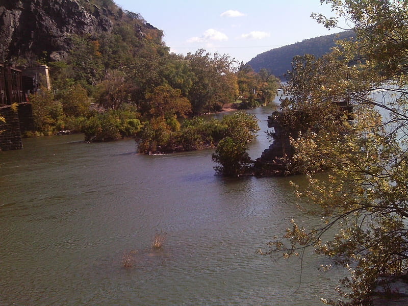 Potomac River, water, trees, stone, mountains, HD wallpaper