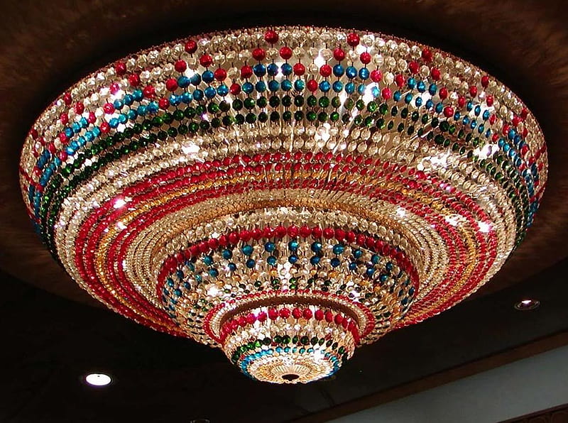 Pretty ceiling lamp, lamp, centre, colors, hang, lights, blue beads, red beads, texture, ceiling, HD wallpaper