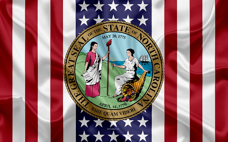 North Carolina, USA American state, Seal of North Carolina, silk texture, US states, emblem, states seal, American flag, HD wallpaper