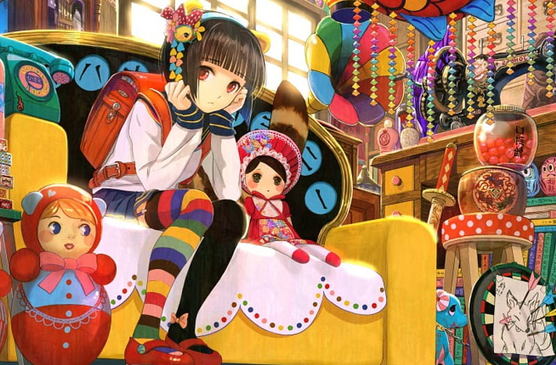 toy shop, shop, female, toy, doll, sweet, cute, girl, anime, anime girl, HD wallpaper