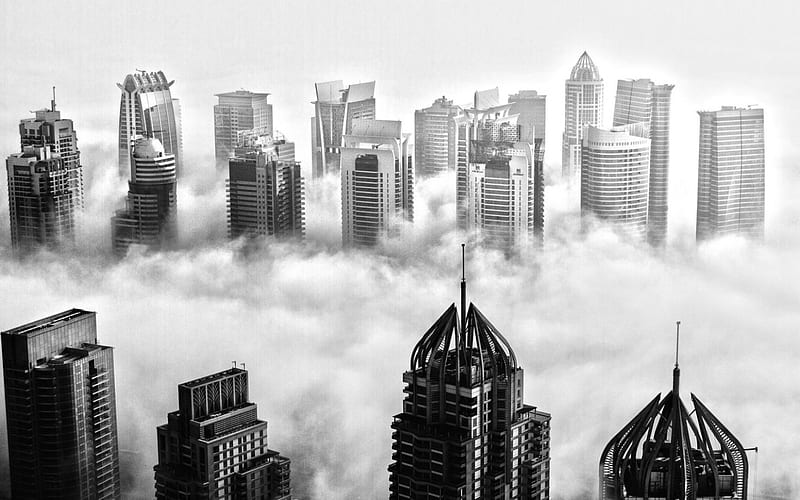 spectacular dubai skyline in black and white, black and white, city, fog, skyscrapers, HD wallpaper