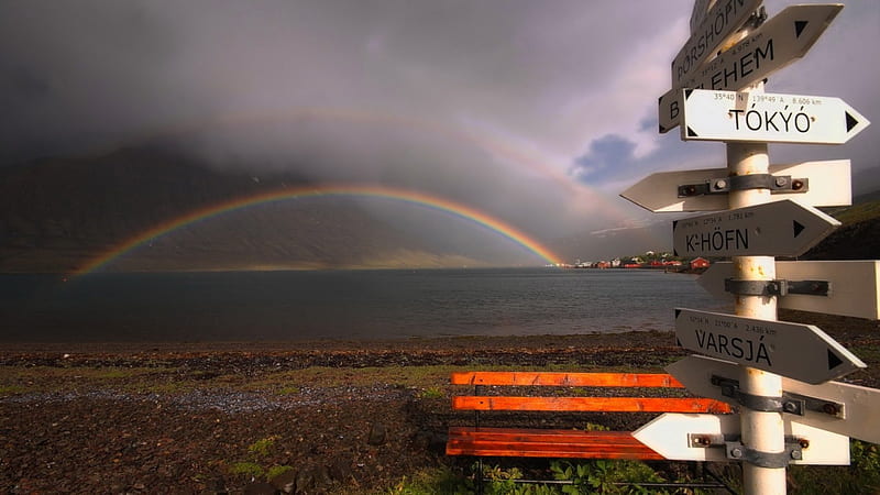 rainbow on a bay, signpost, bench, village, rainbow, clouds, bay, HD wallpaper
