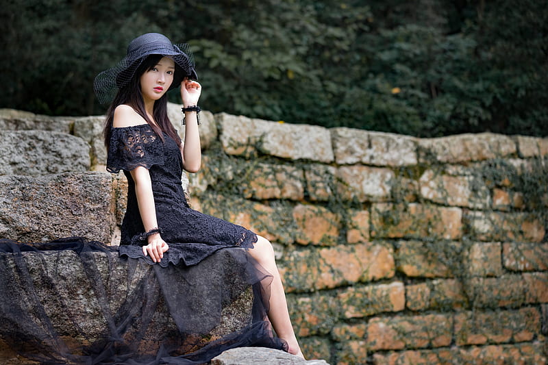 Women, Asian, Black Dress, Black Hair, Girl, Hat, Model, Woman, HD wallpaper