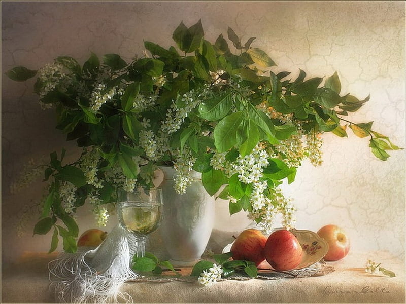 Still life, artist, art, green branches, fresh, apples, fruits, vase, abstract, leaves, graphy, green, summer, flowers, plate, porcelain, HD wallpaper