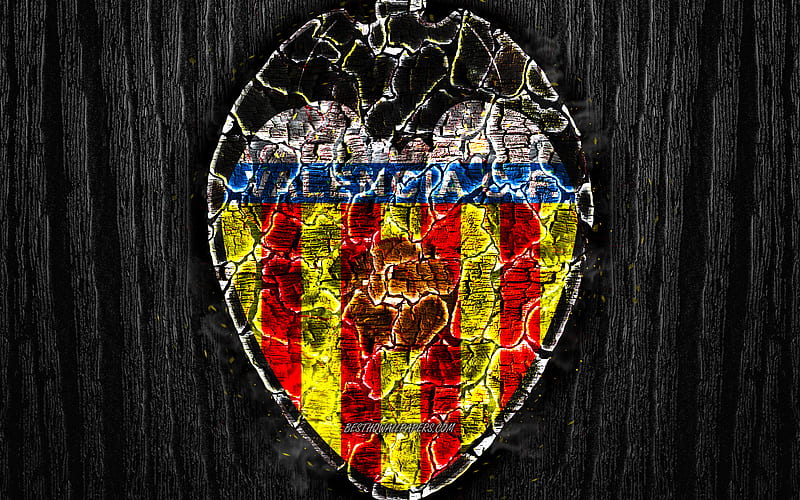 Valencia FC, scorched logo, LaLiga, black wooden background, spanish football club, La Liga, grunge, Valencia CF, football, soccer, Valencia logo, fire texture, Spain, HD wallpaper