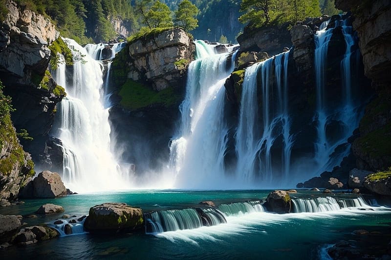 Beautiful waterfall, termeszet, gyonyoru vizeses, zuhatag, erdo, fak, novenyzet, sziklak, folyo, HD wallpaper