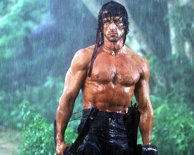 sylvester stallone, jungle, rain, muscles, actor, HD wallpaper