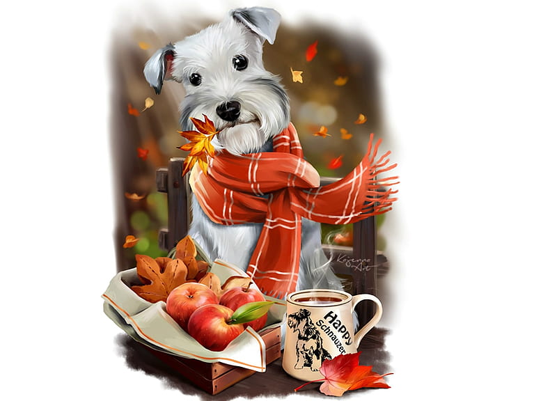 Hello, autumn!, apple, red, art, autumn, lorri kajenna, luminos, orange, caine, animal, leaf, fruit, scarf, dog, HD wallpaper