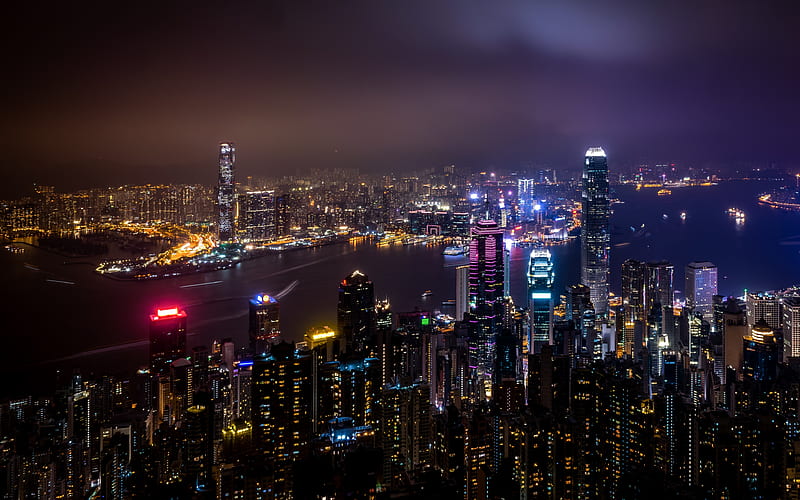 Hong Kong, nightscapes, panorama, skycrappers, China, HD wallpaper