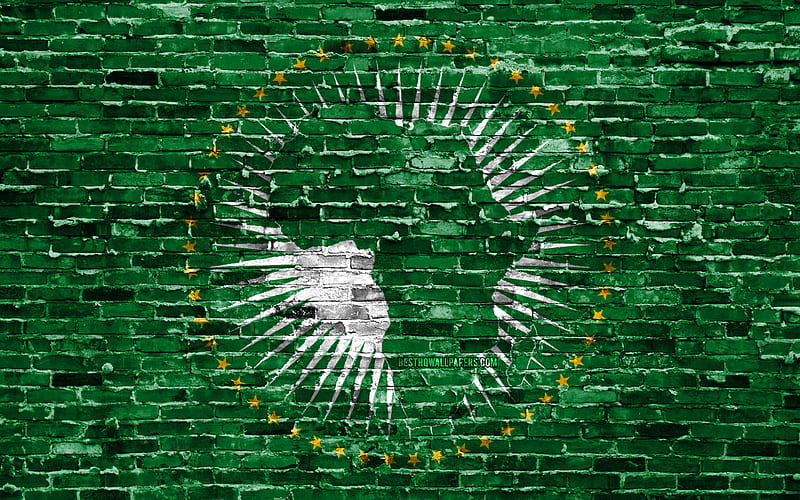 African Union flag, bricks texture, Africa, national symbols, Flag of African Union, brickwall, African Union 3D flag, African countries, African Union, HD wallpaper