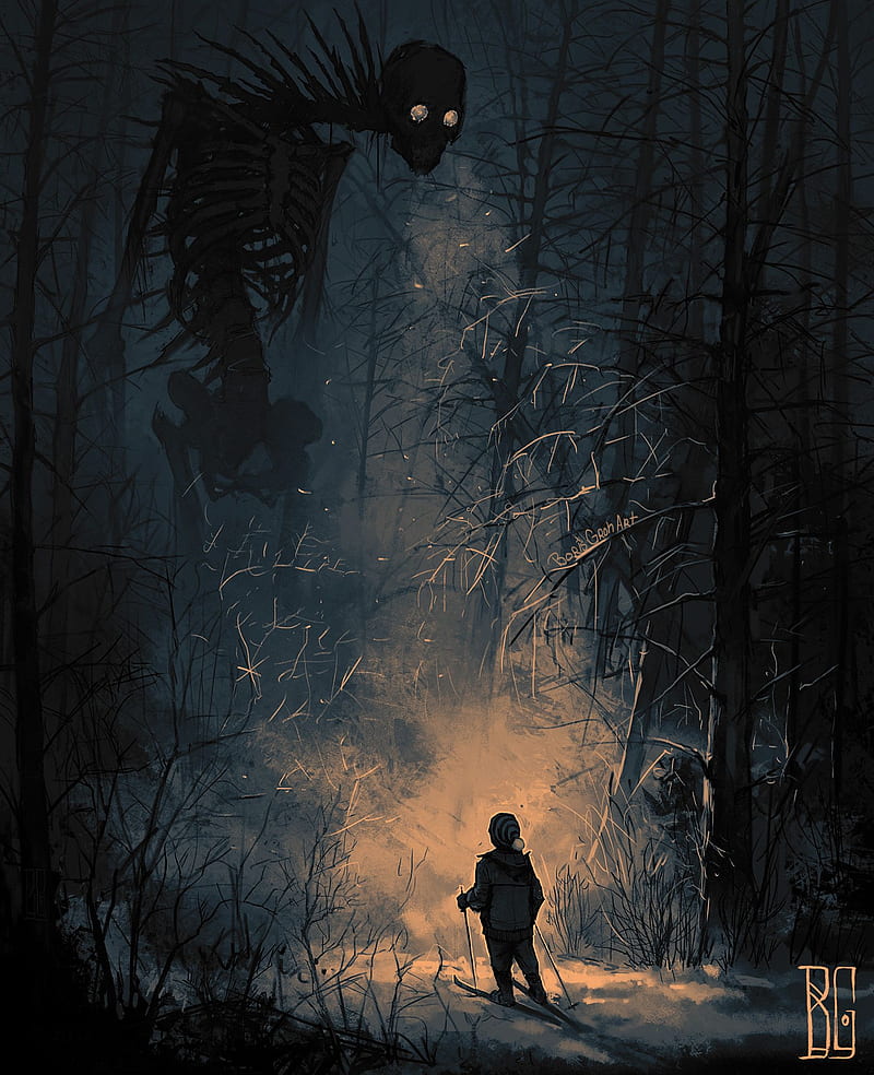 creepy, creature, giant, skeleton, night, Boris Groh, HD phone wallpaper