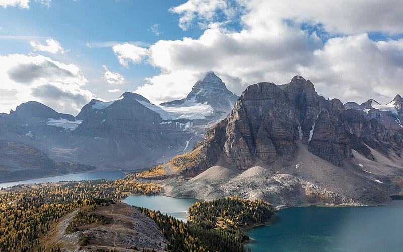 Mount Assiniboine soars above the changing foliage in British Columba, Canada, peaks, lakes, clouds, sky, trees, HD wallpaper