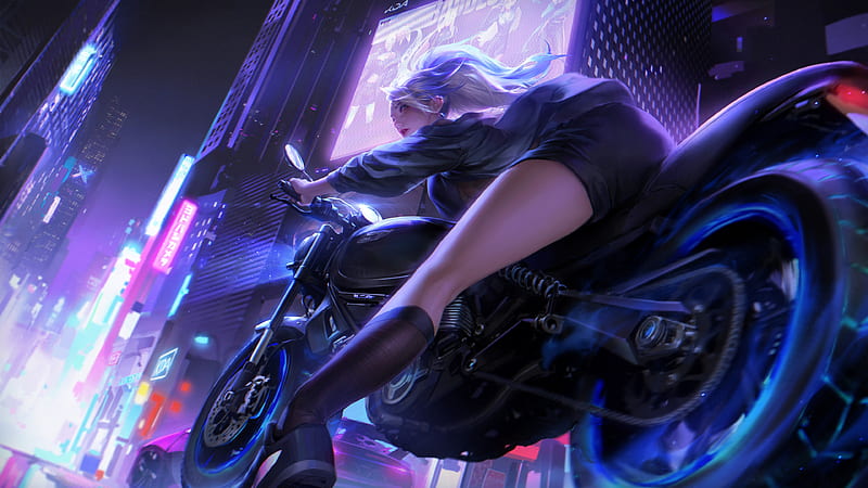 Biker Girl Neon City , artist, artwork, artstation, HD wallpaper