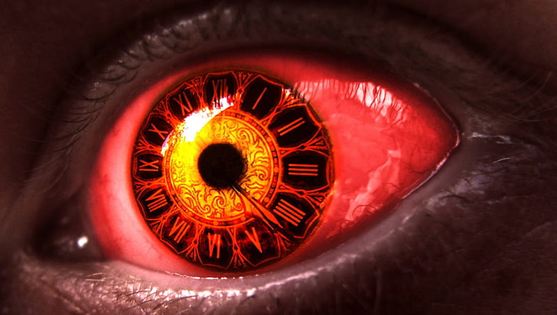 clock eye, yellow, red, numbers, pupil, HD wallpaper