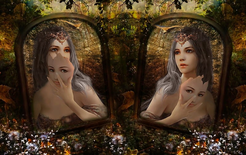 Not lying to ourselves..., forest, idols, girl, mirrors, mask, sad face, masque, HD wallpaper