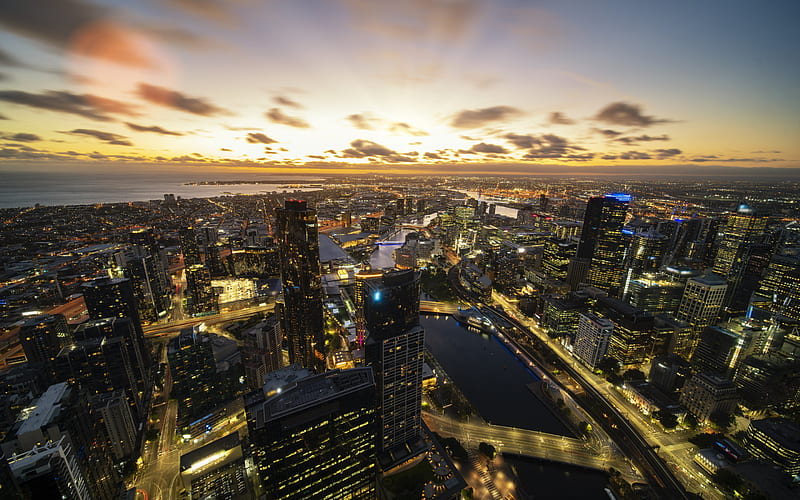 Melbourne, evening, sunset, modern buildings, metropolis, Melbourne cityscape, Melbourne skyline, Australia, HD wallpaper