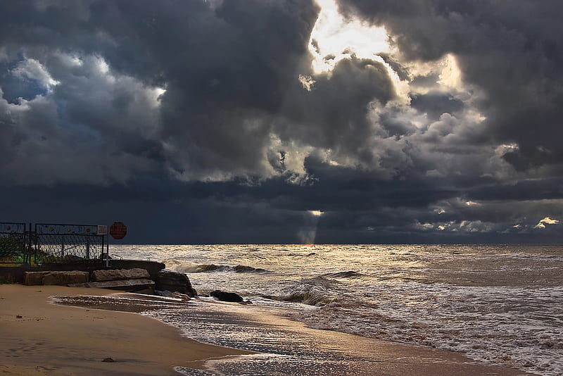 AFTER THE STORM, beach, sunlight, ocean, waves, clouds, storm, HD wallpaper