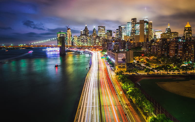 New York, Brooklyn Bridge, night, city lights, skyscrapers, Manhattan, USA, American cities, HD wallpaper