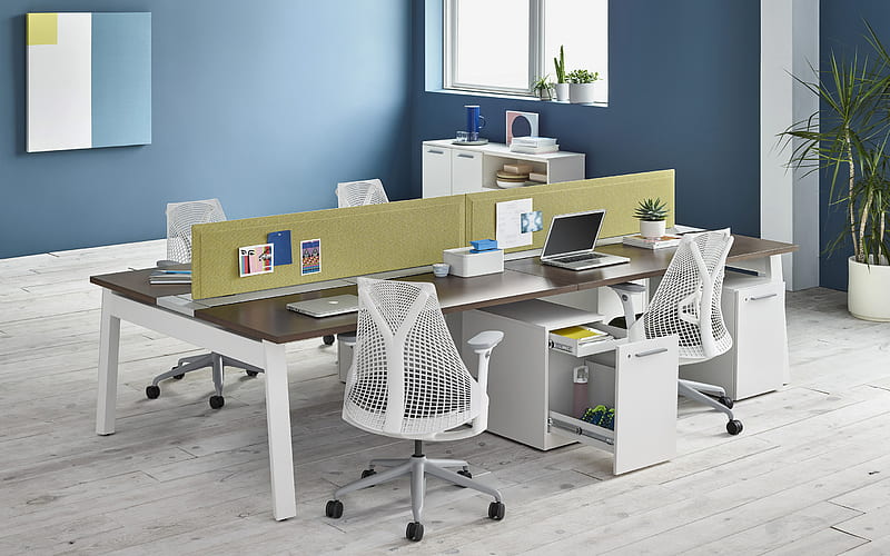 blue office, tables stylish interior, office, modern design, interior idea, HD wallpaper
