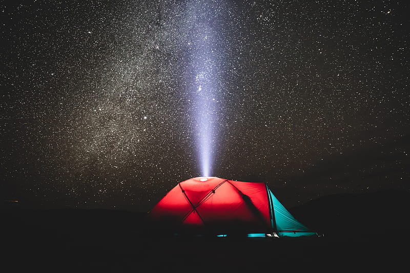 tent, night, starry sky, light, beam, camping, HD wallpaper
