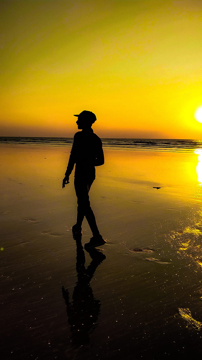 Sunset alone silent, beach, boy, fun, live, nature, ocean, sea, HD phone wallpaper
