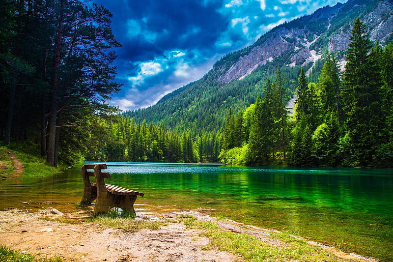 After A Summer Rain, Alps, forest, lakes, Austria, bench, bonito, trees, clouds, green, mountains, summer, path, HD wallpaper