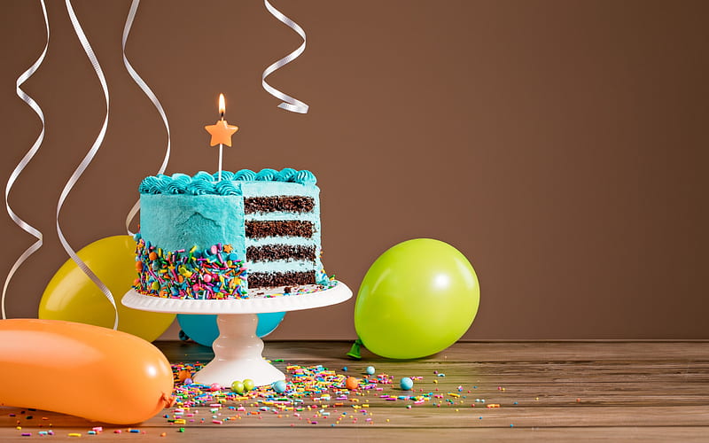 Happy Birtay, Colorful ballones, Birtay cake, dessert, candles, decoration, HD wallpaper