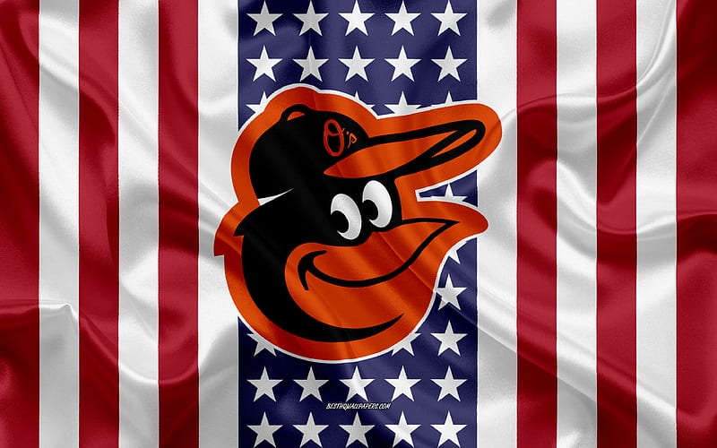 Baltimore Orioles logo, emblem, silk texture, American flag, American baseball club, MLB, Baltimore, Maryland, USA, Major League Baseball, baseball, silk flag, HD wallpaper
