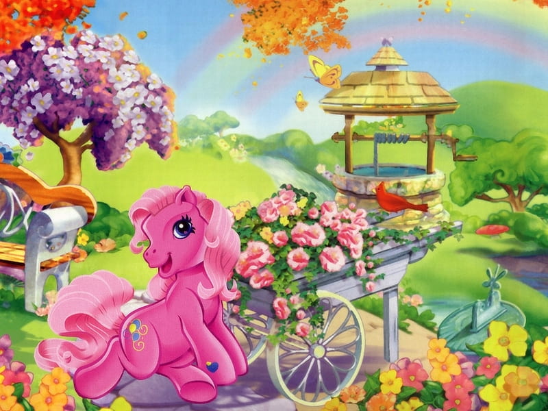 My Little Pony, pink pony, flowers, garden, wishing well, rainbow, cartoon, HD wallpaper