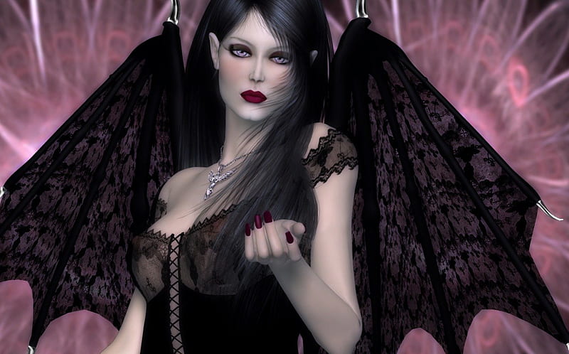 Surrender, wings, woman, sweet surrender, fantasy, dark, vampire, purple eyes, red lips, HD wallpaper