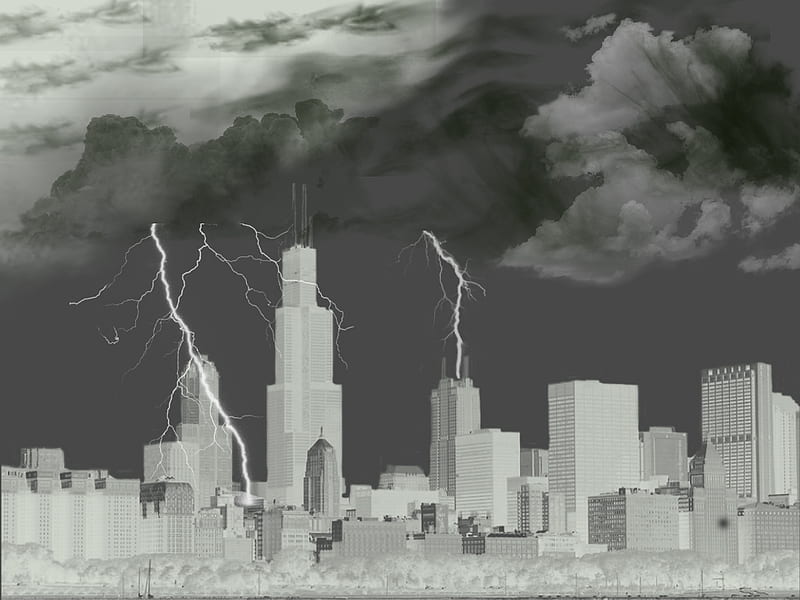 Chicago, lightning, cityscape, buildings, black and white, storms, skyscrapers, HD wallpaper
