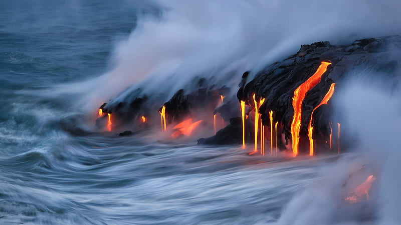 Lava Flowing Into the Ocean, lava, cool, nature, ocean, fun, HD wallpaper