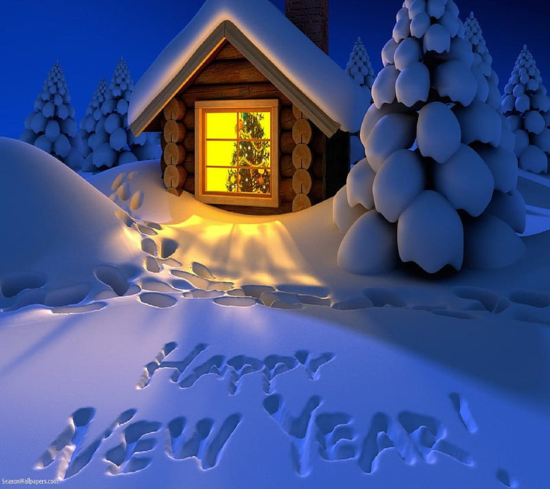happy new year, christmas, house, new, snow, tree, winter, year, HD wallpaper