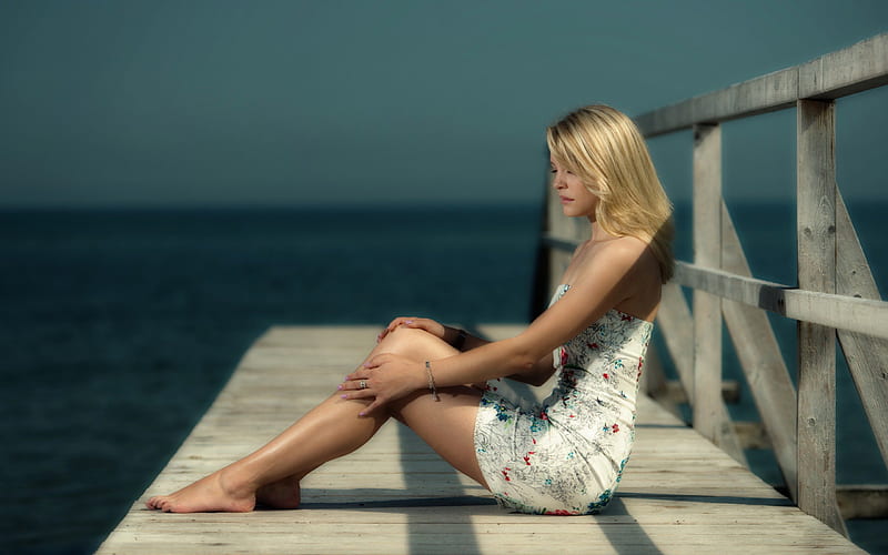 In my Thoughts, blond, dock, girl, dreamer, beauty, bonito, woman, sea, HD wallpaper