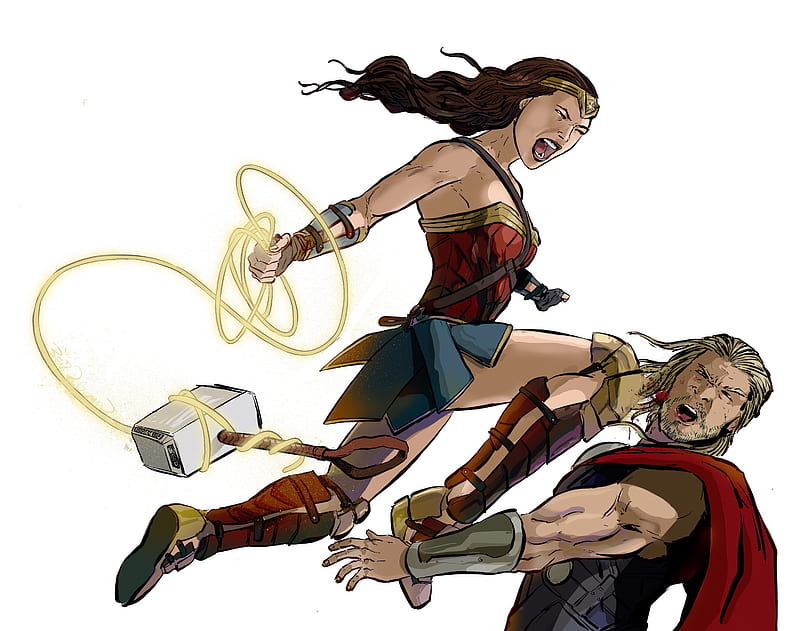 Wonder Woman Defeating Thor, wonder-woman, thor, artwork, digital-art, artist, HD wallpaper