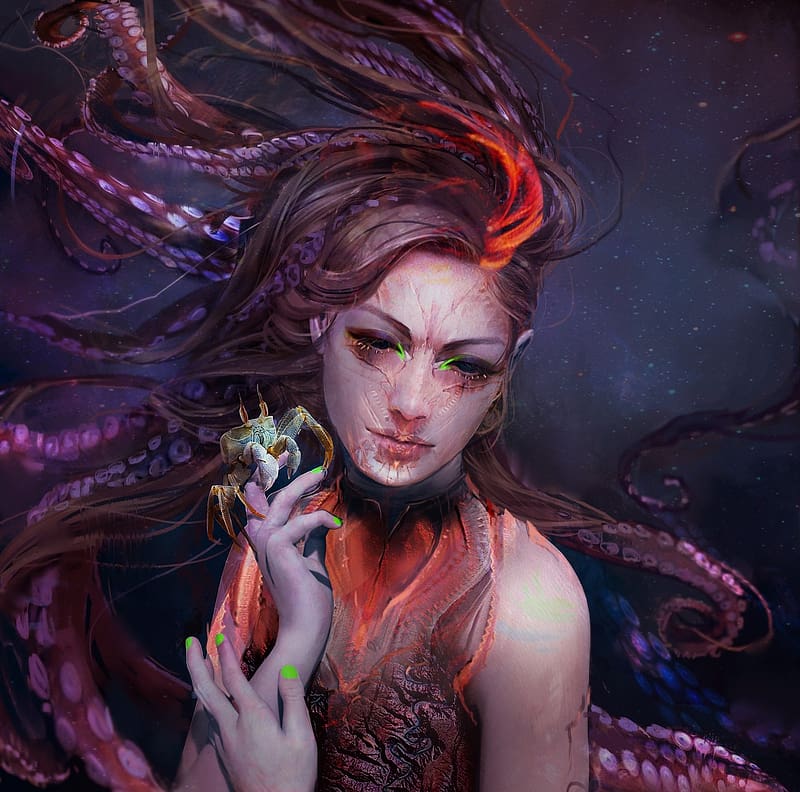 Octopus girl, underwater, face, girl, hand, mermaid, art, tentacles, fantasy, red, pctopus, water, HD wallpaper