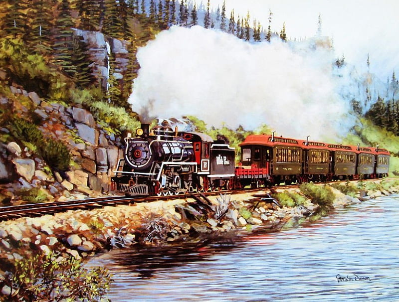 Return from Bennett Lake, locomotive, railway, train, painting, steam, artwork, HD wallpaper