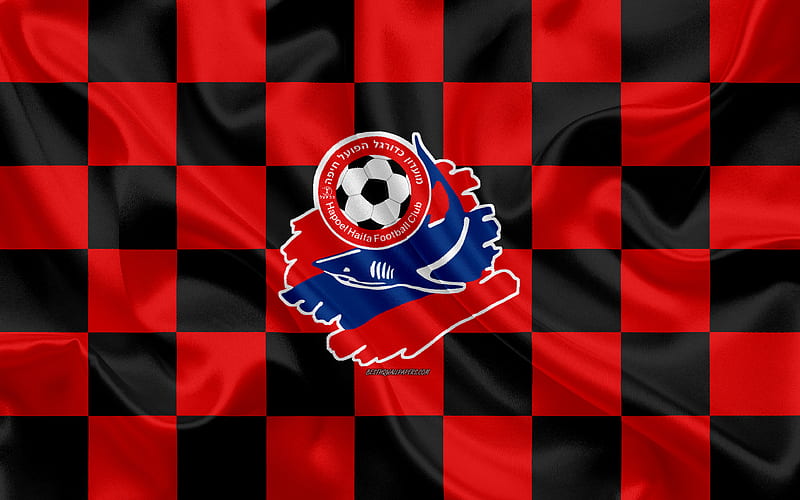 Hapoel Haifa FC Israeli Premier League, red and black checkered flag, Israeli football club, silk flag, football, soccer, Hapoel Haifa logo, Israel, HD wallpaper