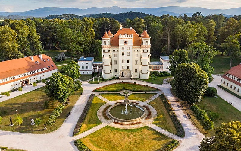 Wojanow Palace, Poland, palace, mountains, forest, fountain, Poland, garden, HD wallpaper